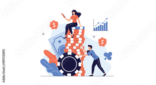 Creative business concept showing people working together to manage a tall stack of gambling poker chips and tokens.