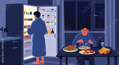 Late night kitchen scene with one person browsing the refrigerator and another eating dinner at the table in the dark.
