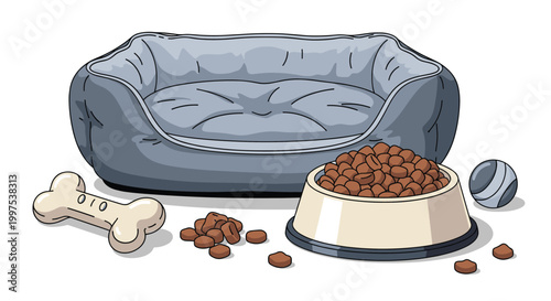 Organized pet care products including a comfortable blue bed, a bowl of food, a toy bone, and a ball for welfare.