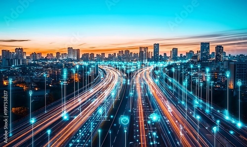 Abstract futuristic cityscape highway transportation with digital data streams light trails city skyline.