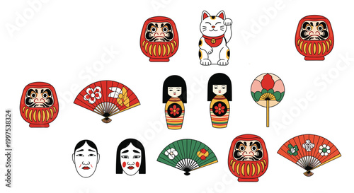 Assorted collection of traditional Japanese cultural items including Daruma dolls, fans, a lucky cat, and masks.