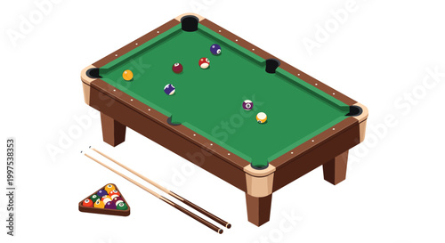 Professional pool table featuring billiard balls in various colors and two wooden cues on a white background.