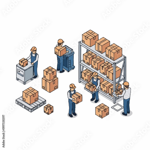 Warehouse workers organizing cardboard boxes on shelves and pallets isometric illustration.
