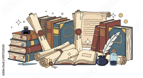 Vintage library scene featuring old hardcover books rolled scrolls an inkwell with a quill and mystical stars in the background.