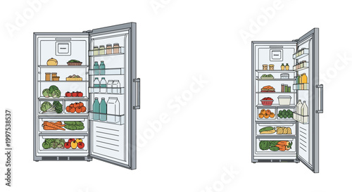 Realistic illustrations of an open refrigerator filled with various fresh foods like vegetables fruits milk bottles and glass jars.