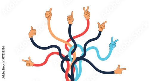 Abstract concept of teamwork and communication shown by long tangled arms with hands making gestures like thumbs up and peace.