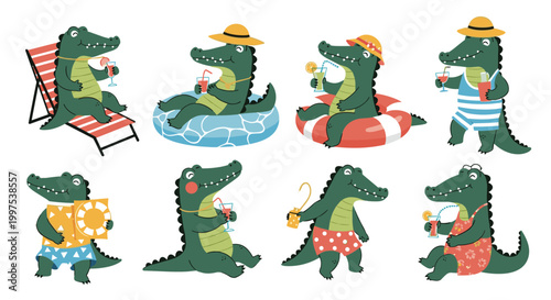 Playful crocodiles enjoying summer beach activities like swimming in tubes sunbathing on chairs and drinking cold tropical juices.