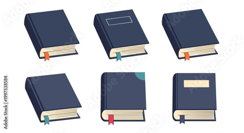 Set of dark blue hardcover books in various angles with colorful ribbon bookmarks for educational and literary concepts.