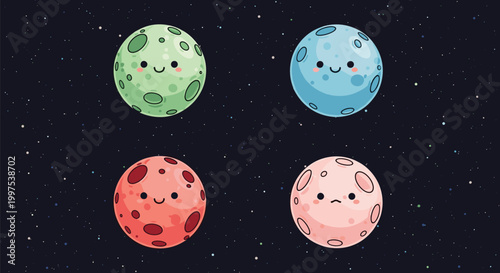 Four cute cartoon planets with happy faces floating in a dark starry space for astronomy and space themed illustrations.