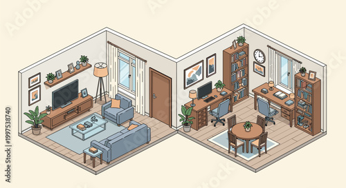 Isometric layout of a modern apartment showing a living room with a sofa and TV and a dining area with two office desks.