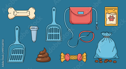 Assorted pet dog supplies including a bone toy food bag poop scoop and walking accessories on a solid blue background.