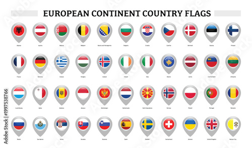 Collection of European continent country flags in location pin icon format isolated background
