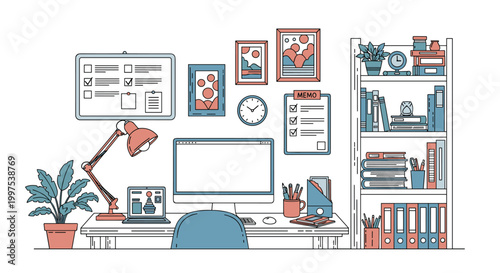 Detailed line art of a home office workspace featuring a computer desk lamp shelves with books and motivational boards.