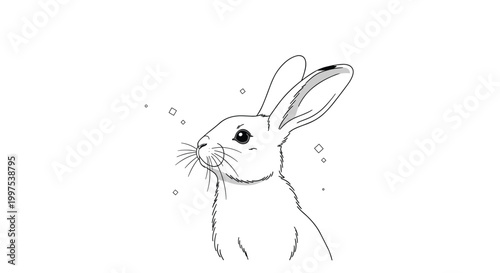 Simple black and white pencil sketch of a cute rabbit looking up with stars in the background for nursery and kid art.