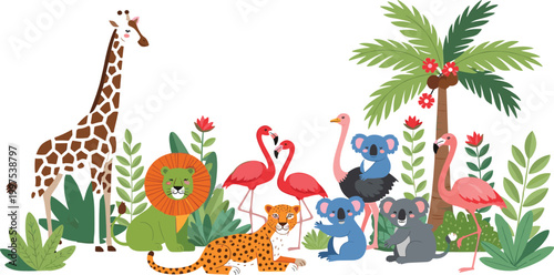 Cute Cartoon Safari Animal Collection Featuring Giraffe Lion Cheetah Flamingo Koala and Ostrich with Tropical Palm Trees for Kids Nursery Decor Wildlife Education and Birthday Party Graphic Designs
