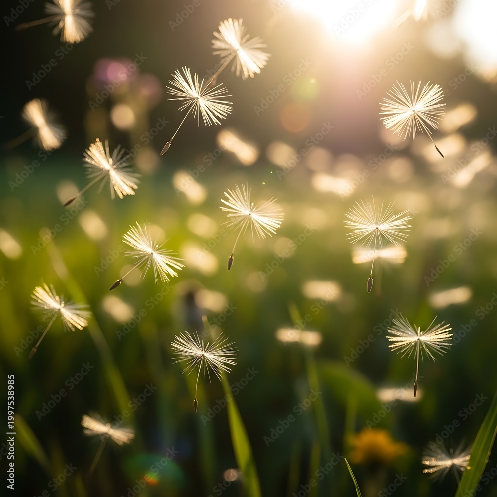 Obraz premium Dandelion seeds drift in golden sunlight, evoking nature's delicate cycles