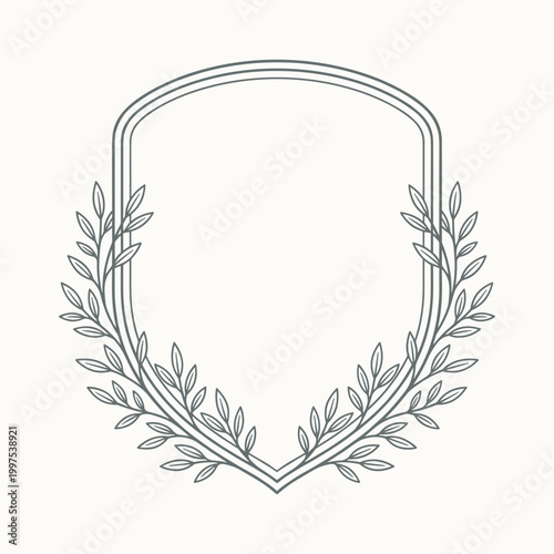 Rounded laurel wreath crest with dense botanical leaves clean line style