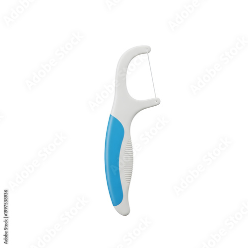 Dental floss pick with blue handle.