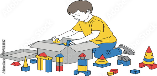 Cute Little Boy Playing with Colorful Wooden Toy Blocks and Cardboard Box for Early Childhood Development, Creative Play, and Kindergarten Learning Activities Vector Illustration