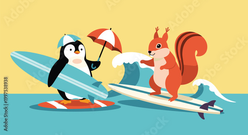 Cute penguin and squirrel surfing on ocean waves under a summer sun in a fun tropical vacation themed illustration.