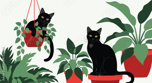Two mysterious black cats with yellow eyes sitting and playing among lush green indoor plants in decorative red pots.