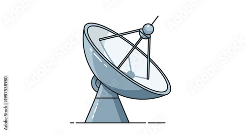 Large satellite dish telecommunication equipment for receiving and transmitting signals in a clean flat design style.