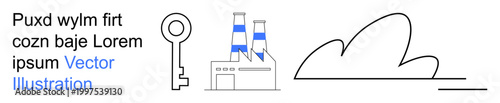Industrial processes, security solutions, sustainability, environmental impact, industrial landscapes, technology integration. A key, factory and cloud outline. Security solutions and industrial