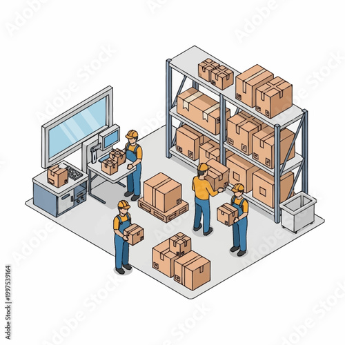 Warehouse workers organizing and moving boxes in a distribution center.