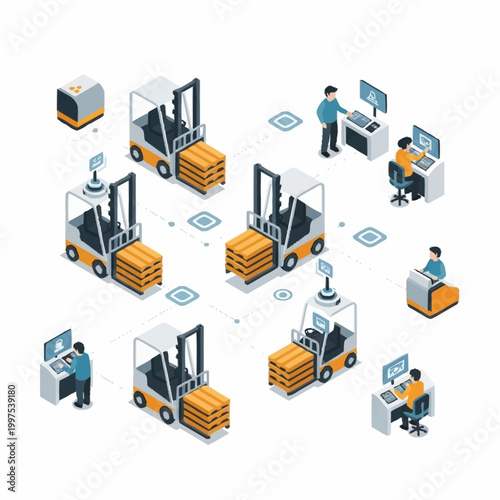 Automated warehouse logistics with forklifts and workers.