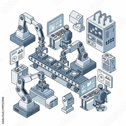 Automated Factory Production Line with Robotic Arms and Computers.