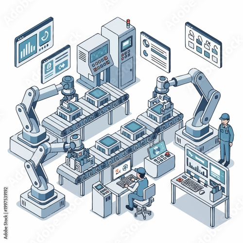 Automated Factory Production Line with Robotic Arms and Control Systems.