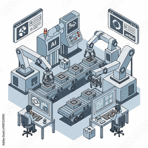 Automated Manufacturing Assembly Line with Robotic Arms and AI Control.