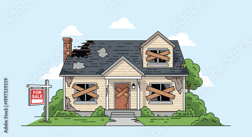 Dilapidated suburban house with boarded-up windows and a damaged roof standing next to a red for sale sign in a yard.