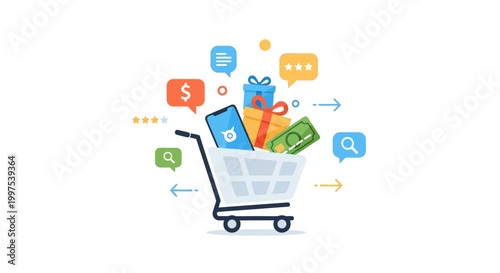 Online Shopping and E-commerce Concept Illustration: Mobile Retail, Digital Payments, and Consumer Journey with Shopping Cart