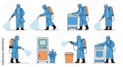 Team of professionals in blue protective hazmat suits disinfecting various surfaces and equipment with spray machines.