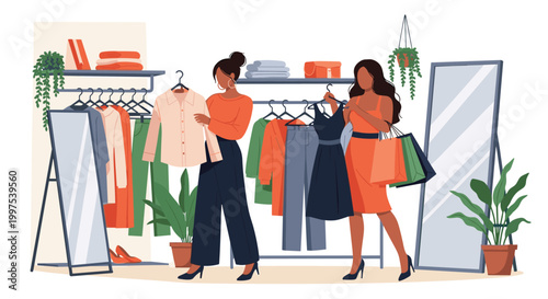 Stylish women browsing garment racks and comparing different outfits in a bright, modern clothing boutique with mirrors.