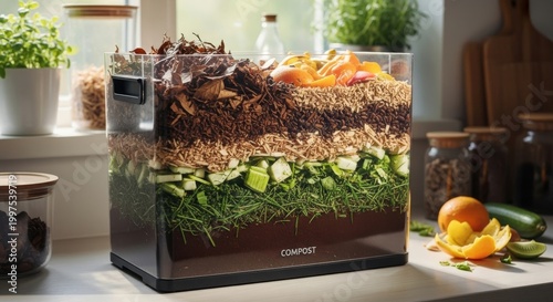 Compost Bin Showing Layers of Composting Process in Transparent Container on Bright Kitchen Countertop Still Life