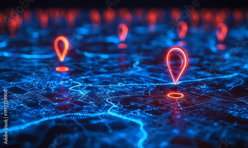 Digital map with glowing location pins on a futuristic abstract background.