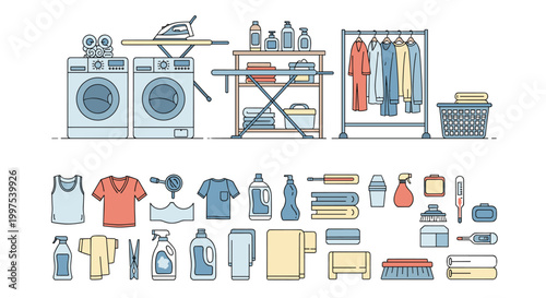 Comprehensive laundry service icons set including washing machines, ironing boards, detergent bottles, folded clothes, and cleaning tools.