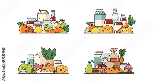 Variety of food groups including fresh fruits, vegetables, dairy products, bakery items, and grains arranged in four healthy meal sets.