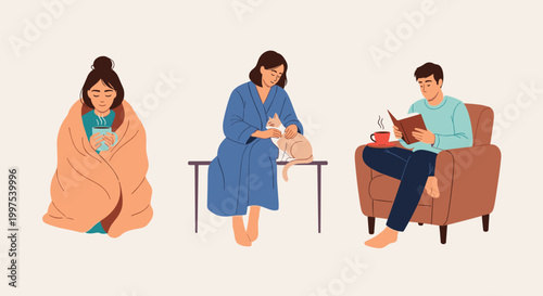 People enjoying cozy home leisure activities including drinking hot tea under a blanket, petting a cat, and reading a book in a chair.