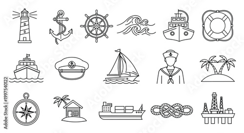 Nautical themed icon set featuring lighthouse, anchor, ship wheel, waves, boats, sailor, lifebuoy, compass, and various maritime elements.