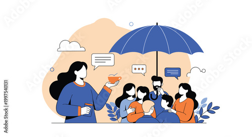 Large group of diverse people seeking protection under a giant blue umbrella representing safety security and community support.