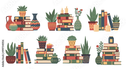 Artistic collection of decorative arrangements featuring stacks of books, various potted plants, candles, and colorful ceramic vases.