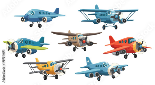 Colorful collection of vintage and modern propeller planes including biplanes and light aircraft in various colors for travel themes.