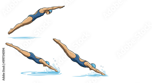 Sequence of a female swimmer performing a professional dive into the water shown in various action frames for training and education.