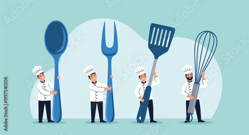 Friendly professional chefs in white uniforms holding giant blue kitchen utensils including a spoon fork spatula and whisk.