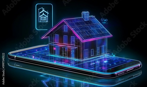 Augmented reality house hologram projected from smartphone screen showing architectural wireframe model and neon lights.
