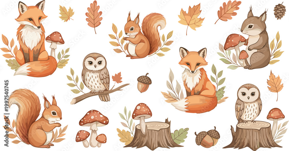 Naklejka premium Cute woodland animals vector collection featuring fox squirrel owl rabbit mushrooms leaves and autumn forest nature illustration set