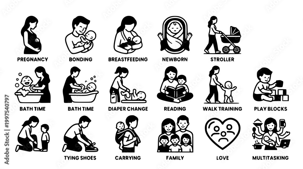 Obraz premium Vector graphic icons representing stages of pregnancy and parenting life